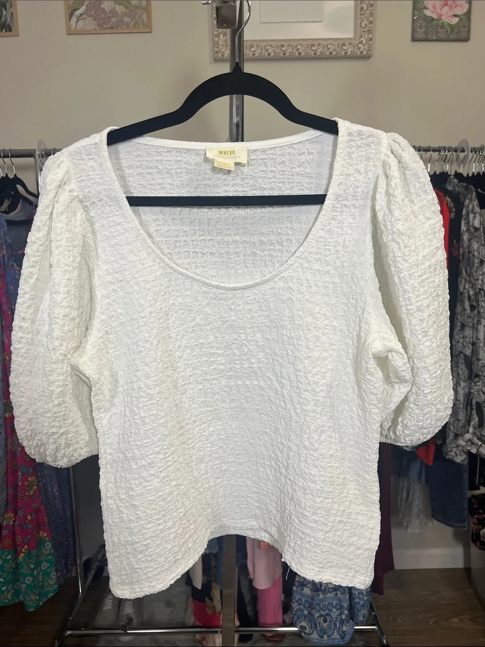 Anthropologie Maeve White Textured Scoop Neck Puff Sleeve Top Sz Large - Picture 2 of 7